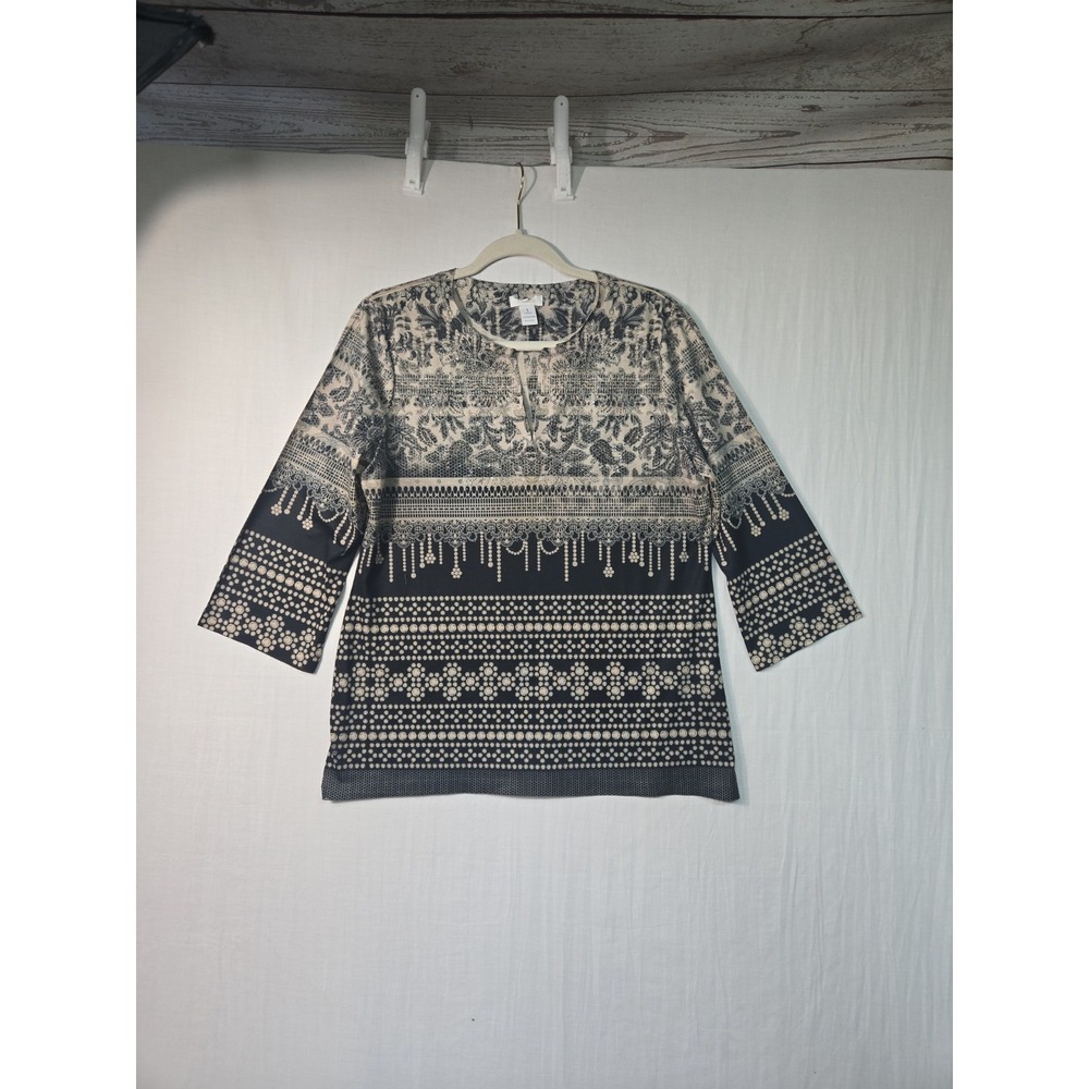 Chico's Studded Blouse V Neckline 3/4‎ Sleeve Boho Women's 1 (S) Black Brown